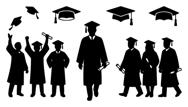 Graduation set with silhouette figures featuring graduation caps, diplomas, graduates with celebration, achievement and academic success