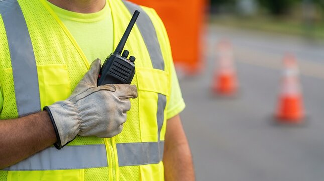 Construction worker holding walkie-talkie in safety vest at roadwork site, essential for project communication and safety protocols.