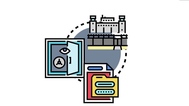 Prison building is symbolizing secure access to confidential information, with icons representing a locked cell door with a peephole and a folder protecting sensitive documents and passwords