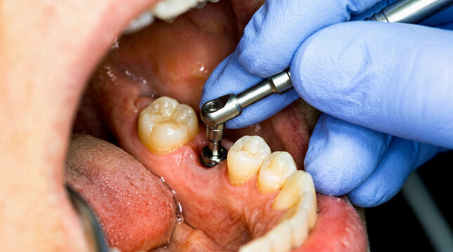 Dental surgeon installing metallic tooth implant into jawbone using professional precision tool for restorative oral care medical treatment procedures.