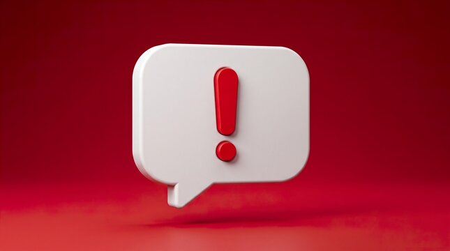 White 3d speech bubble with red exclamation mark icon on dark red background for notification alert and emergency communication message announcement.
