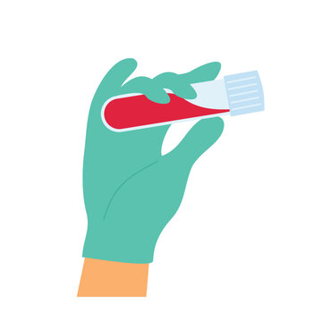 Gloved Hand Holding Blood Sample Test Tube Flat Vector Medical Icon.