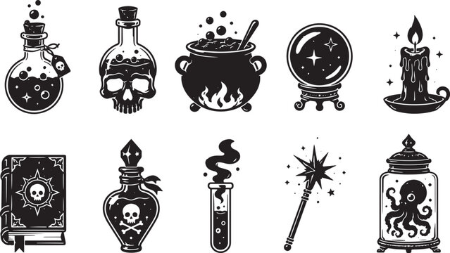 Gothic Halloween Magic Silhouette Collection with Potion Bottles, Cauldron, Crystal Ball, Skull Candle, Spell Book, Magic Wand and Occult Jar