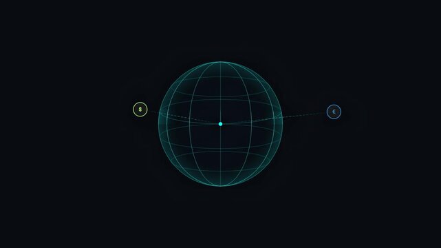 Animated wireframe globe with orbiting dollar euro yen currency symbols on dark background