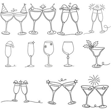 Festive Wine and Cocktail Glasses Continuous Line Art Set, Toasting Champagne Flutes, Martini and Party Drinks Single Line Vector Icons for Celebration, Christmas, New Year, Wedding and Event Design