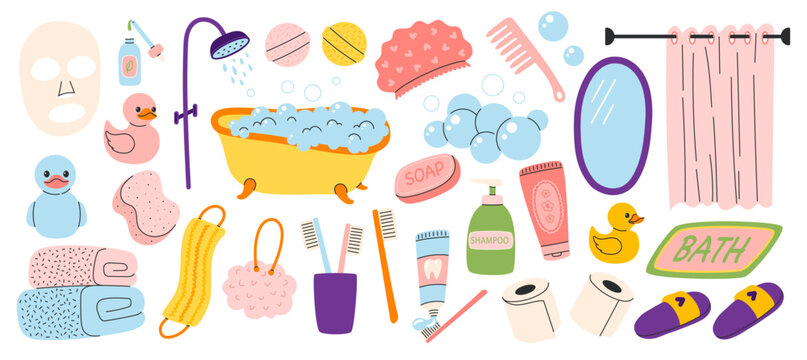 Big bathroom accessories set with rubber ducks, bathtub, towels, soap, shampoo, mirror and shower curtain. Flat vector illustration