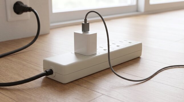 Power strip with devices charging on wooden floor