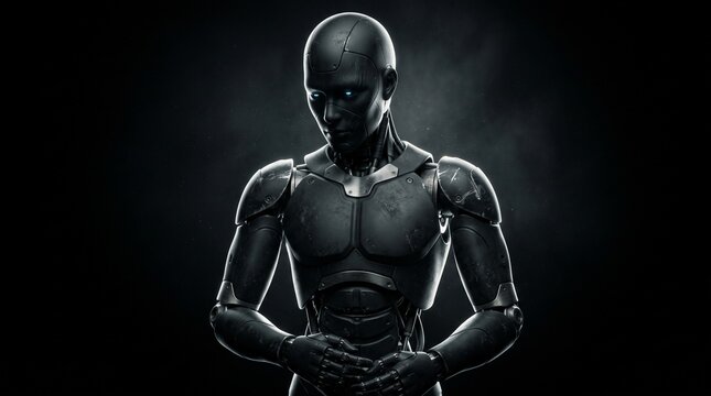 Androind Robot with Dark Moody Lighting: A metallic android figure with a textured, segmented body and glowing eyes stands in a dramatic, dimly lit environment.