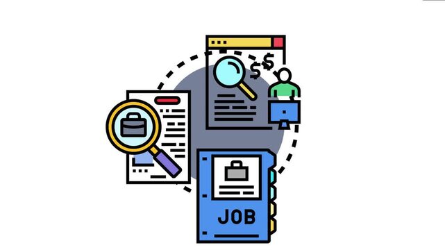 Job search concept showing documents, online applications, and recruitment folders, symbolizing career opportunities, hiring processes, and employment services