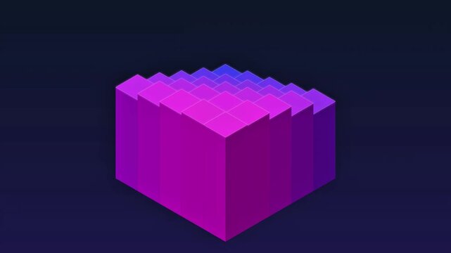 Animated 3D isometric cube blocks moving in wave pattern with purple and blue gradient on dark background