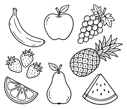 Fruits set with hand-drawn outlines featuring banana, apple, grapes, pineapple with strawberry and watermelon