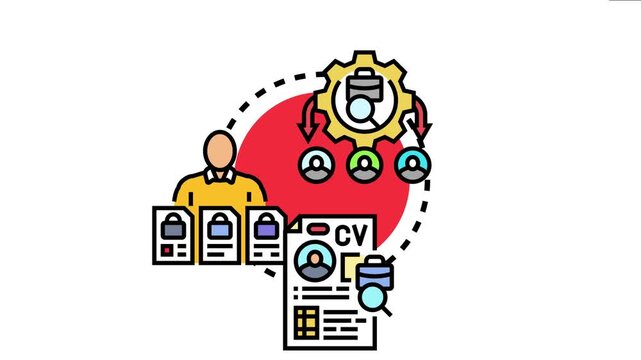 Icon depicting the job application acceptance ratio. Showing a person applying for employment. Multiple cvs being processed through a recruitment gear