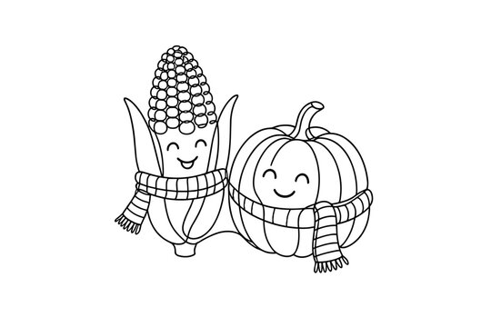 Cute corn pumpkin couple line art for farm harvest festival promotional banner