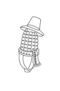 Corn in pilgrim hat line art for Thanksgiving bakery packaging