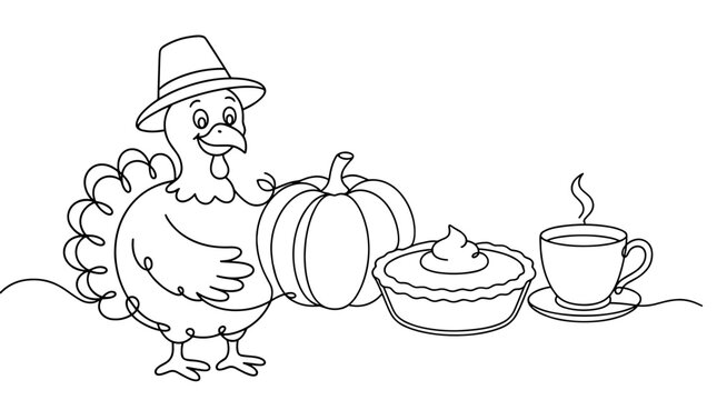 Thanksgiving turkey with pumpkin pie line art for festive party invitation