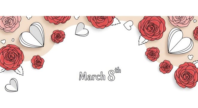 International Women's Day March 8th Celebration with Roses and Hearts, Festive Greeting Card Design