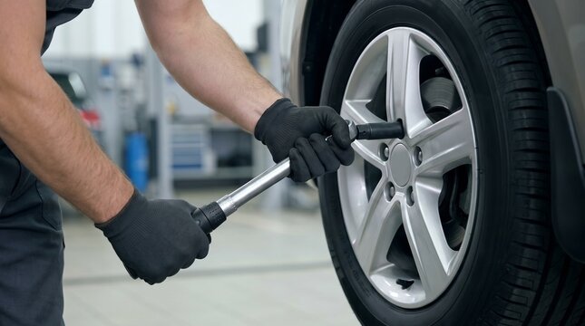 Auto mechanic tightening car wheel bolts with torque wrench in service garage