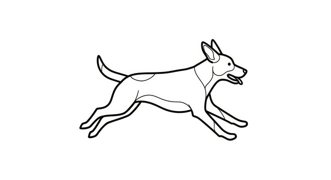 Line Art Illustration of a Happy Dog Running with a Wagging Tail, Isolated on White Background