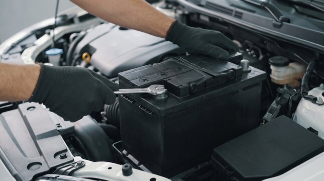 Professional auto mechanic in black gloves replacing a car battery under the open hood of a vehicle