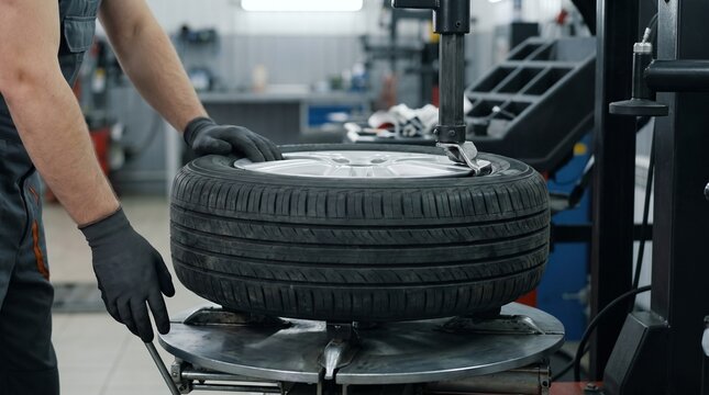 Professional mechanic performing tire service and wheel balancing on changer machine in auto repair garage