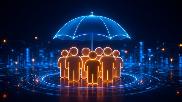 Glowing orange figures standing under a neon blue umbrella in a digital space. Concept of cyber security and team insurance.