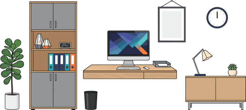 Modern home office workspace vector illustration with floating wooden desk computer monitor cabinet shelf and indoor plants element.