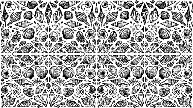 Seashells set with hand-drawn illustrations featuring nautilus, conch, scallop, starfish with spiral patterns and marine life