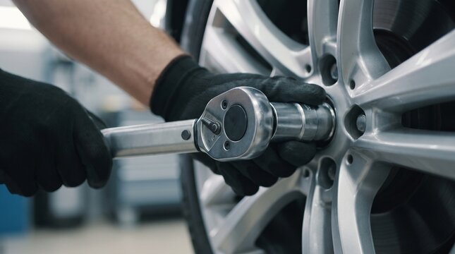 Mechanic tightening car wheel lug nuts with a torque wrench
