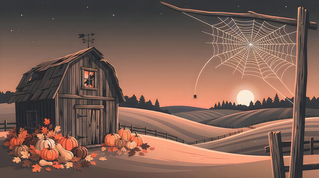 Spooky autumn barn with jack-o-lantern, spider web and sunset. Vintage country harvest scene. Vintage rural background. Vintage seasonal landscape. for halloween 4k
