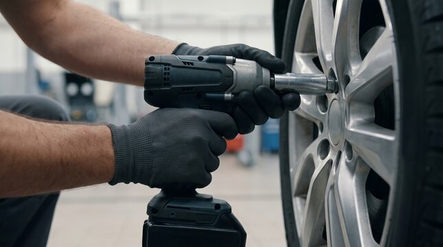 Mechanic changing car wheel with cordless electric impact wrench in auto repair shop