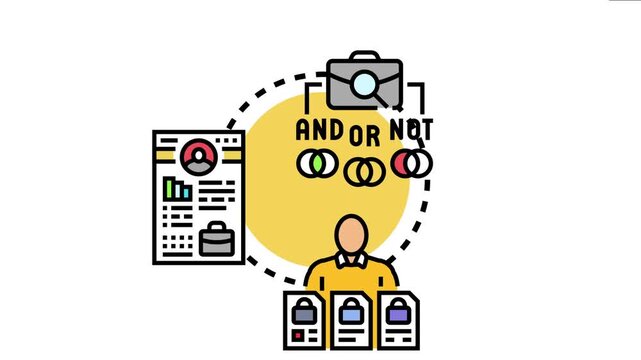 Human resources specialist using advanced filtering and boolean logic operators to find the best candidate for a vacancy, optimizing the recruitment process and talent acquisition strategy