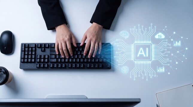 Business Professional Using Computer Keyboard for Data Analysis and AI Technology