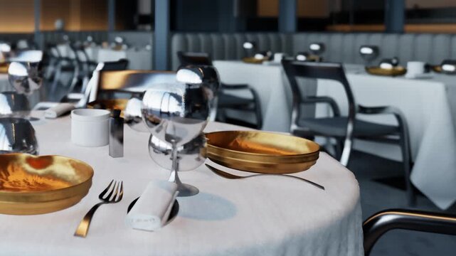 Tables are set up in a restaurant with white tablecloths. Plates and silverware are arranged neatly. Glasses are placed on the tables. Lighting provides a warm atmosphere.