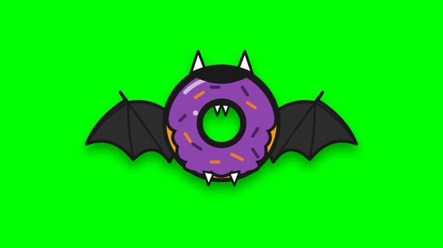 Cute Halloween bat donut cartoon illustration with vampire fangs and wings on green screen chroma key background