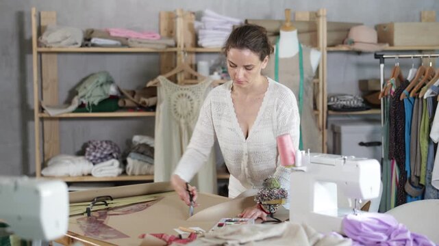 During manufacture of clothes, woman tailor cuts out paper dress pattern and work with hand snip, separates blanks. Process of manual production of clothes 