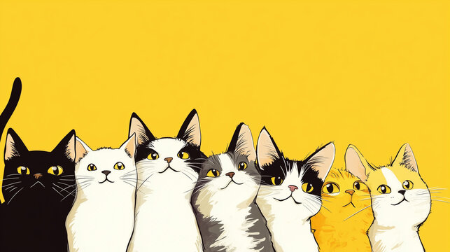 Cute cats illustration on yellow gen ai