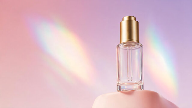 A glass serum bottle with a gold pump rests on a pastel surface with rainbow reflections fragrance cosmetic beauty golden metallic cylinder vessel container lavender