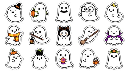 Fototapeta premium Set of cute hand drawn ghost stickers for halloween celebration featuring various funny characters and festive accessories