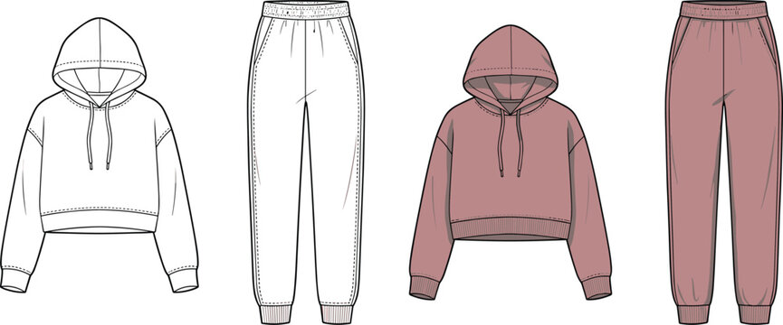 Women cropped hoodie and jogger pants tracksuit set fashion flat sketch vector illustration