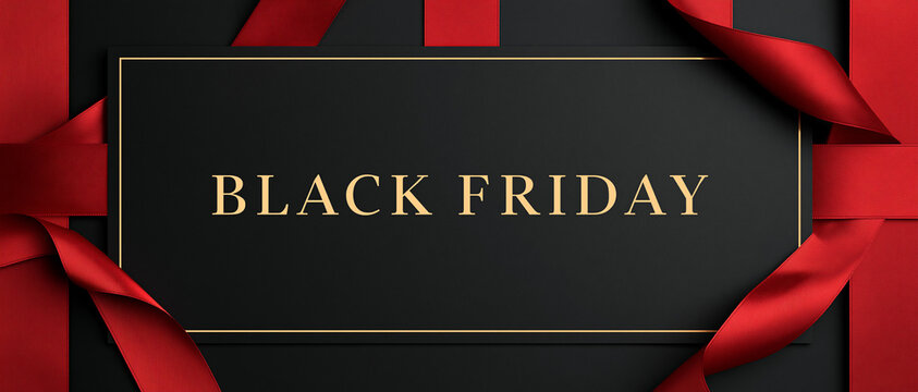 Black Friday Banner with Luxury Red Ribbon and Gold Frames