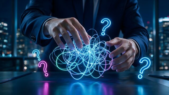 Businessman hovering hands over glowing tangled lines and question marks. Concept of problem solving and untangling complex business challenges.