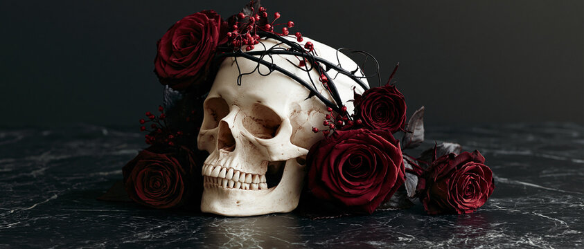 Human Skull Surrounded by Dark Red Roses Spooky Gothic Banner