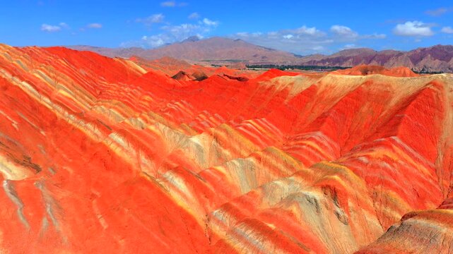 Drone footage of Zhangye Qicai Danxia, spectacular multicolored eroded mountain landscape of northwest China