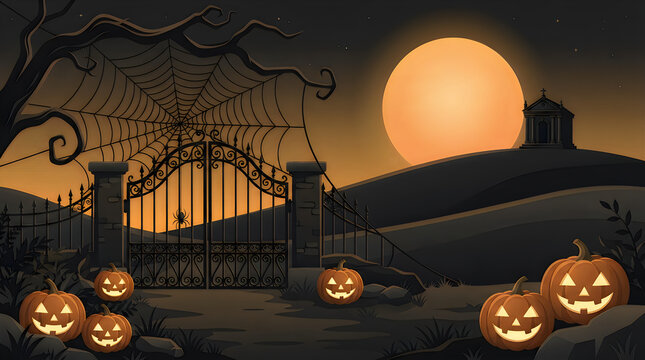 Spooky Halloween cemetery gate with glowing jack o' lanterns, eerie graveyard landscape under a full moon, haunted house background for halloween 4k