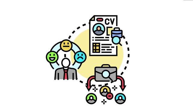 Job offer acceptance benchmark concept depicting a candidate evaluating opportunities, with cv, job search, and outcome selection reflecting employment choice and satisfaction levels