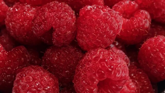 Macro video of fresh organic red raspberries with water drops texture closeup