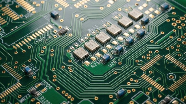 Close up view of green printed circuit board with electronic components