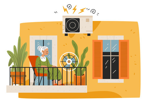 Heatwave Europe broken air conditioner elderly woman sitting on balcony using fan with plants yellow building summer hot weather