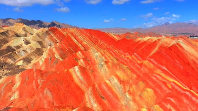 Drone footage of Zhangye Qicai Danxia, spectacular multicolored eroded mountain landscape of northwest China