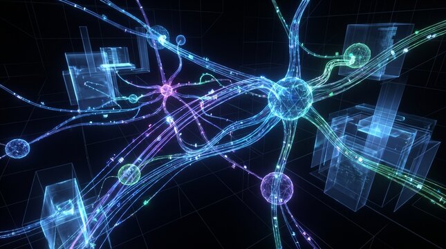 Abstract glowing neural network illustration with interconnected neurons and synapses.